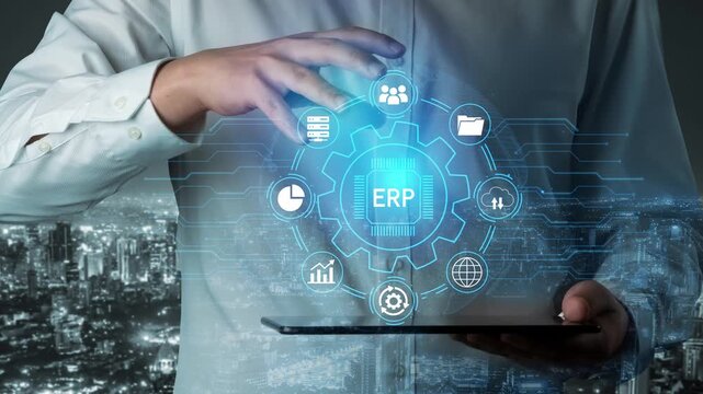 Business Professional Using Tablet with Digital ERP Interface Over City Skyline at Night for Technology and Management Solutions Illustration. Entropy.