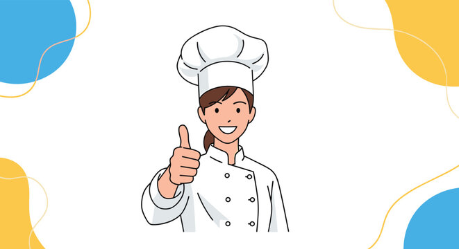 Cheerful female chef in a white uniform and toque gives a confident thumbs-up gesture against a decorative background.