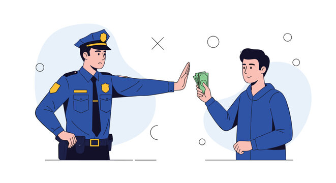 Brave police officer in a blue uniform strictly refusing a bribe of cash offered by a man in a blue hoodie, vector illustration.