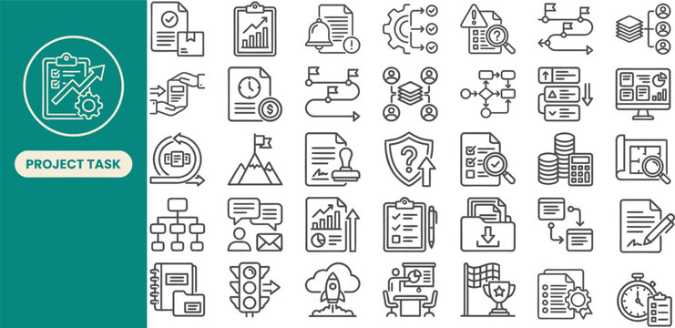 Project Workflow and Team Coordination outline icon set. Featuring kanban, checklist, calendar, target, and report symbols. Editable stroke vector icons for scrum board and delivery plan.
