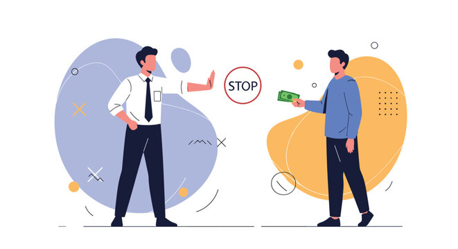 Professional man in a shirt and tie gesturing stop to another person offering money with a red stop sign icon in the middle.