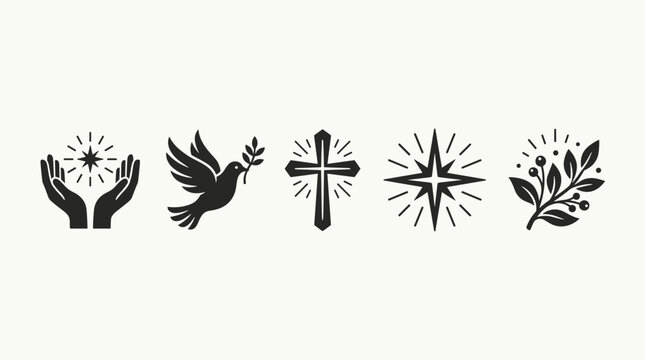 Christian Religious Symbols Icons Set with Dove and Cross