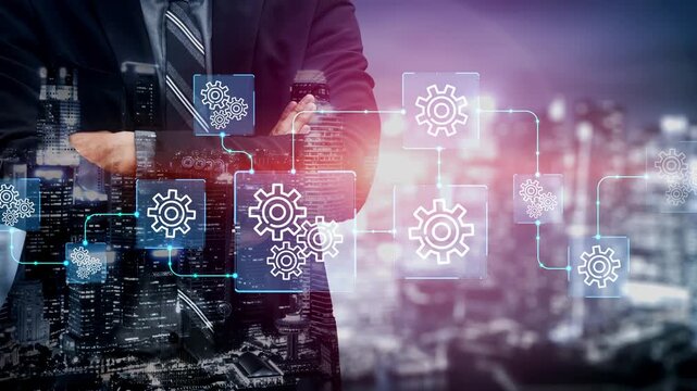 Business Professional Overseeing Digital Workflow with Technology and City Background for Future Innovation Representation. Entropy.