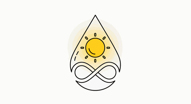 Water drop silhouette containing glowing yellow sun and infinity line base, solar power and water resource conservation concept.