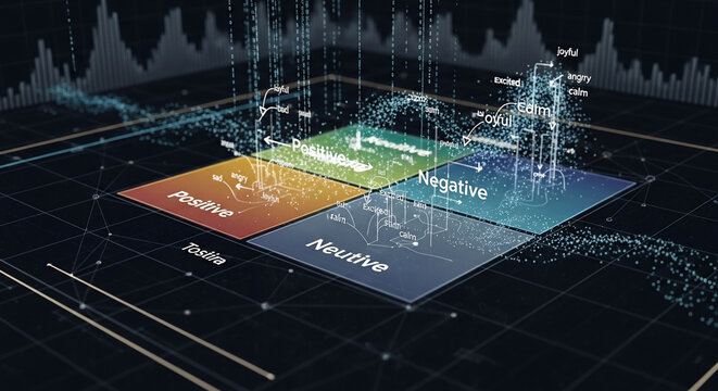 Advanced sentiment analysis and data visualization on a futuristic digital interface with positive, negative, active, neutral zones.
