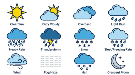 Obraz premium Collection of Weather Icons Representing Different Atmospheric Conditions.
