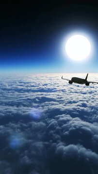 airplane flying forward above clouds rear view in sky, aircraft cruising at high altitude over cloud layer, aviation scene showing travel, transportation and long distance journey in open sky