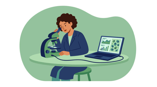 Female scientist looking into a digital microscope connected to a laptop displaying data.