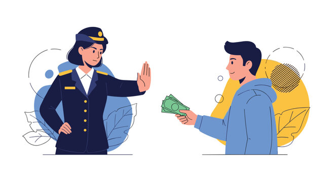Female police officer in a dark blue uniform firmly refusing a bribe of cash from a man in a blue hoodie with a stop gesture.
