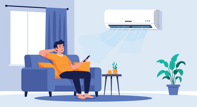 Man relaxing on a blue sofa and using a remote control to adjust the air conditioner unit on the wall of his living room.