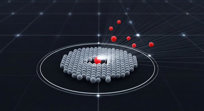 Abstract digital concept of innovation. Red sphere breaking away from a grey network, symbolizing breakthrough or core idea.