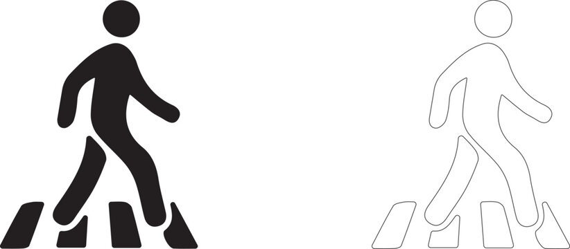 Man crosses the road along the pedestrian crossing markings. Pedestrian crosswalk vector icon, zebra crossing symbol, road walking safety and urban smart mobility.