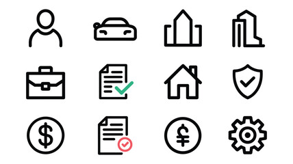 Fototapeta premium Flat of twelve diverse business and finance in green and black on white background money dollar