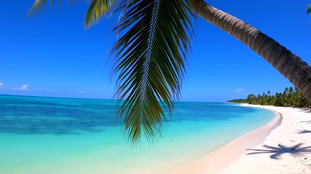 Tropical beach with palm trees ocean.