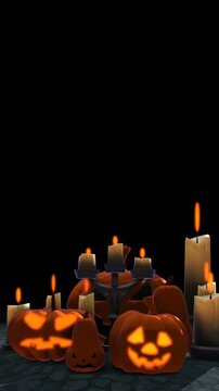 Seamless vertical video of pumpkins and candles on a black background. Halloween backdrop.