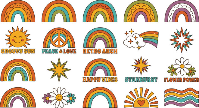 Hippie aesthetic rainbow collection with groovy typography, nostalgic 1970s style stickers, badges and clipart isolated on white background.