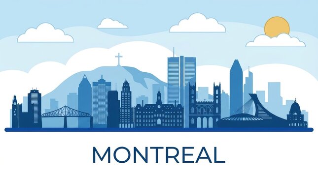 Montreal city skyline horizontal banner featuring a black and white silhouette of iconic landmarks, modern skyscrapers, and historic architecture. 