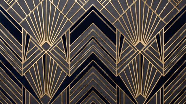 Elegant Art Deco Seamless Pattern with Gold Geometric Lines on Dark Background, Luxury Vintage 1920s Style