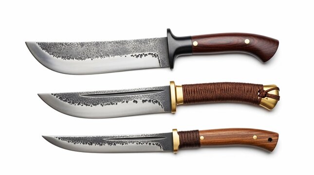 Handcrafted hunting knives with forged steel blades, set of three survival fixed blade knives, rustic outdoor camping tools on white background