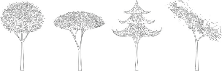 Four diverse line art trees including a pagoda style and leaning specimen with textured foliage and visible trunks on transparent background. © MD ALI STOCK