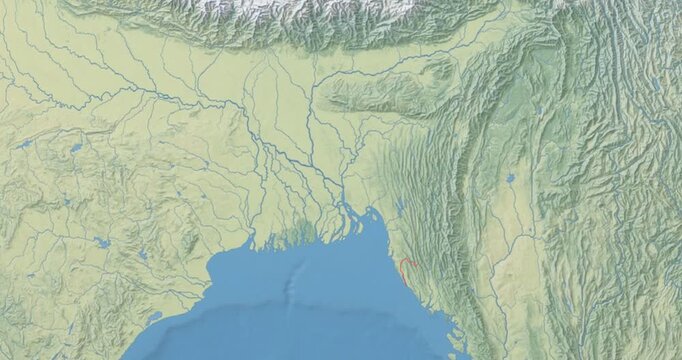 Bangladesh on Globe. Zoom into the country with Earth spinning on dark background. Physical world map with Bangladesh and label on it. Country view animation.