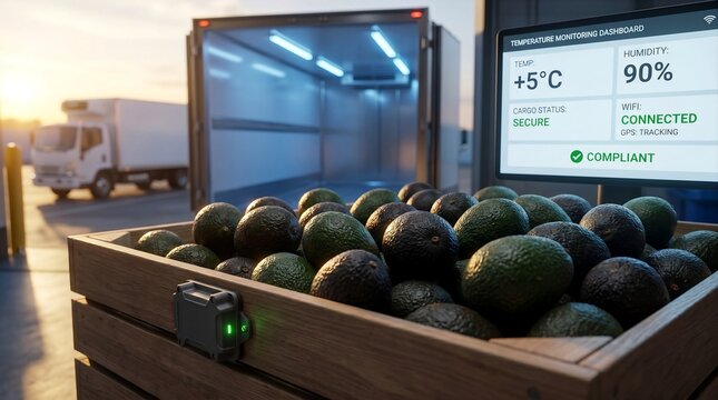 Smart cold chain logistics for fresh avocados. Temperature and humidity monitoring in refrigerated transport