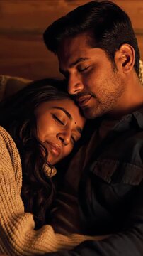 Couple embracing close-up near fireplace, woman smiling resting on man shoulder, intimate relationship moment, emotional connection and warmth, romantic home evening atmosphere