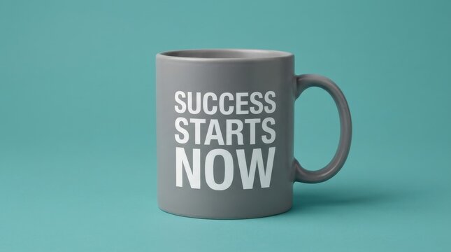 Motivational success starts now quote on grey coffee mug, inspirational business message on ceramic cup, minimalist office desk accessory on teal background