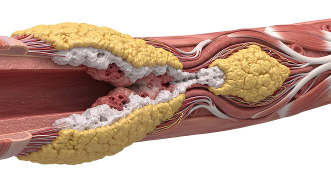 A detailed 3D rendering showing a cross section of an artery with severe plaque buildup.