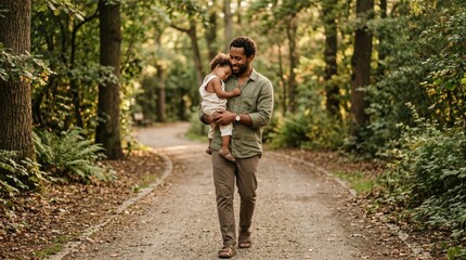 Fototapeta premium Smiling Black father in his early thirties in olive linen shirt carrying sleeping toddler while walking on tree-lined park path in warm green forest, authentic family bonding concept, horizontal