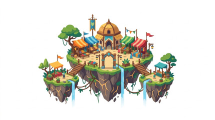 Fantasy Floating Islands Kingdom With Waterfalls And Colorful Buildings. © Bang