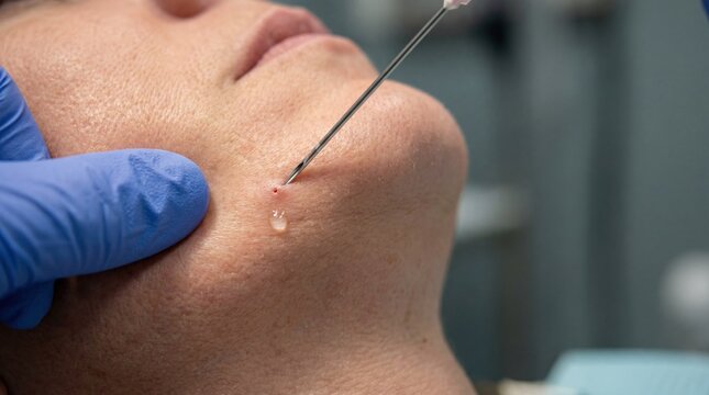 Thread lift needle insertion at jawline during procedure