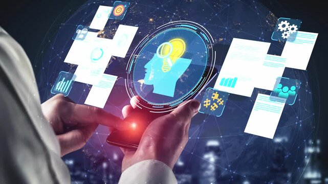 Modern Business Technology Concept, Digital Interface with Human Brain Icon, Data Analysis and Innovation, Touch Screen Interaction, Future Connectivity and Communication. Entropy.