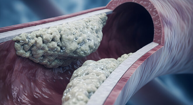 A detailed medical illustration of a narrow human artery obstructed by thick yellowish plaque.