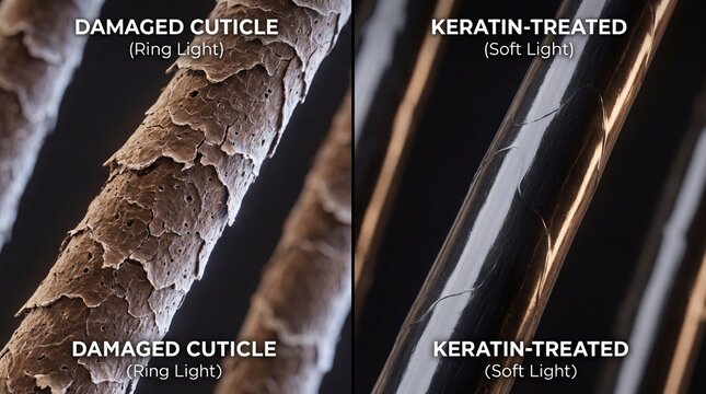 Macro comparison of damaged and keratin treated hair cuticles