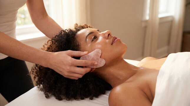 Woman receiving rose quartz gua sha facial massage