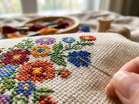 Handmade needlework embroidery process sewing floral thread pattern