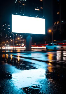 Billboard on city street night.