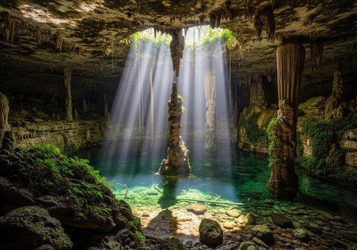 A Hidden Cenote in the Yucatan, beams of sunlight piercing through a hole in the cave ceiling into emerald green water.