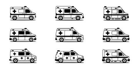 Obraz premium Ambulances in Various Styles and Designs Depicted as Icons Featuring Ambulance, Emergency Vehicle, Medical Transport with Healthcare and Icon