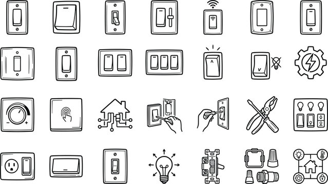 Light Switch and Electrical Hardware Icon Set Featuring Toggle Dimmer Smart Home Automation Installation Tools and Wiring Concepts for E-commerce Marketing Vector Illustration