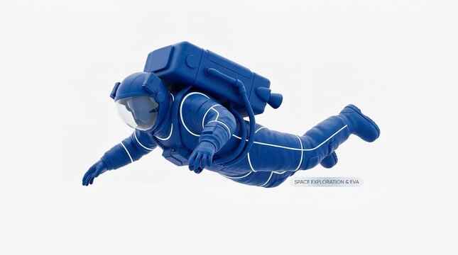 Blue astronaut figure floating in zero gravity pose isolated as a 3d render on white background