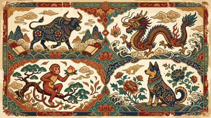 Fototapeta premium Detailed chinese zodiac illustration featuring an ox a dragon a monkey and a dog decorated with traditional floral patterns and vibrant colors on weathered parchment