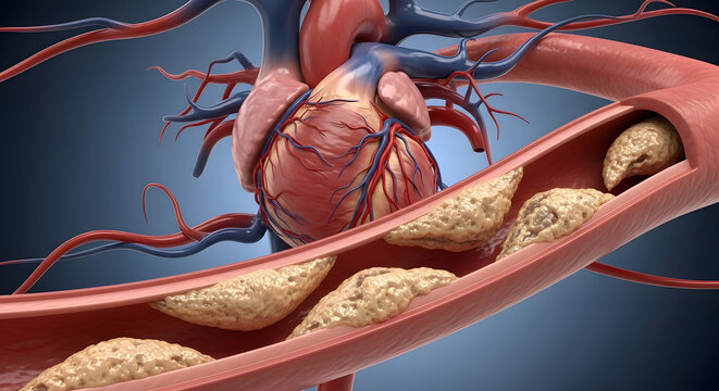 Anatomical 3D model of a human heart with coronary arteries showing extensive plaque deposits.