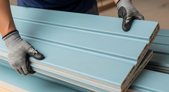 Blue composite siding panels held by worker in gloves, modern house cladding materials for exterior renovation, durable PVC wall planks