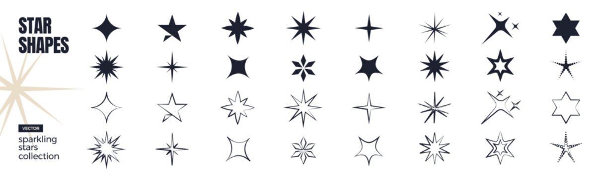 Collection of various sparkling star shapes, including solid and outline designs, ideal for graphic design elements and festive decoration.