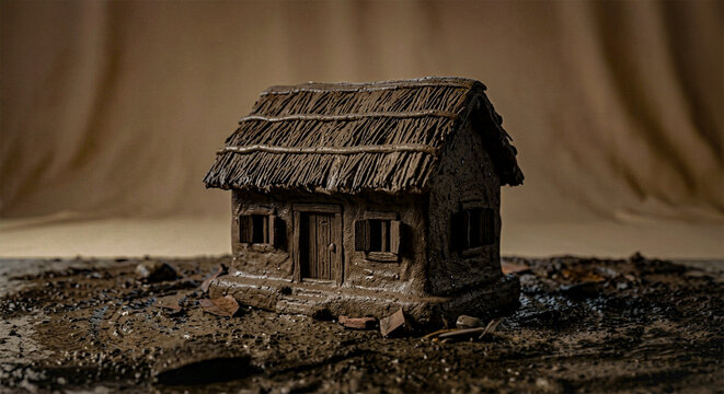 Small scale model of rustic clay hut with thatched roof sitting on muddy earth floor against neutral textured fabric background.