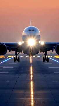 Airplane landing on runway at sunset with bright headlights, approaching ground during flight arrival. Aviation, travel, transportation and journey, airport scene with dramatic perspective and motion.