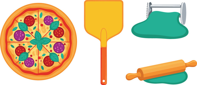 Italian Pizzeria Cooking Icon Set Featuring Whole Salami Pizza, Peel Paddle, Roller Docker, and Rolling Pin Vector Illustration for Restaurant Menu Designs