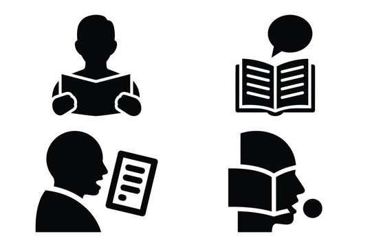 script reading vector icon set. speaking silhouette icons illustration and solid black style